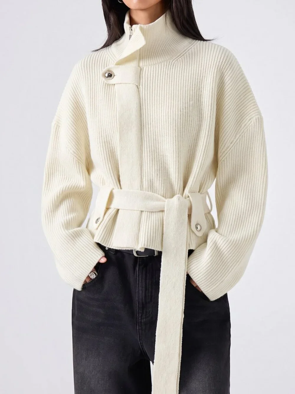 White Casual Women's High Neck Drop Shoulder Belted Cardigan